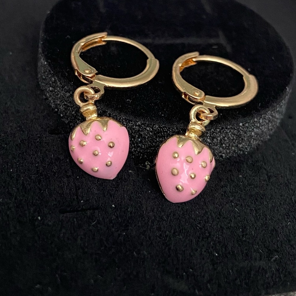 Pink Strawberry 🍓 Gold Drop Hoop Leverback Earrings